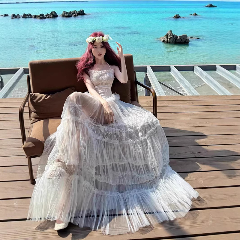 Water-Gloss Lace Jacquard Patchwork Long Holiday Lace Mesh Halter Backless Dress Printed Fairy Dress