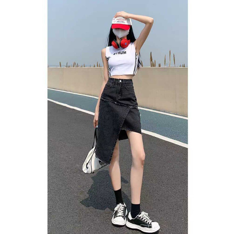 Irregular Slit High-Waisted Denim Skirt for Girls 2025 Summer New Style Slimming Hip-Hugging A-Line Skirt Mid-Length
