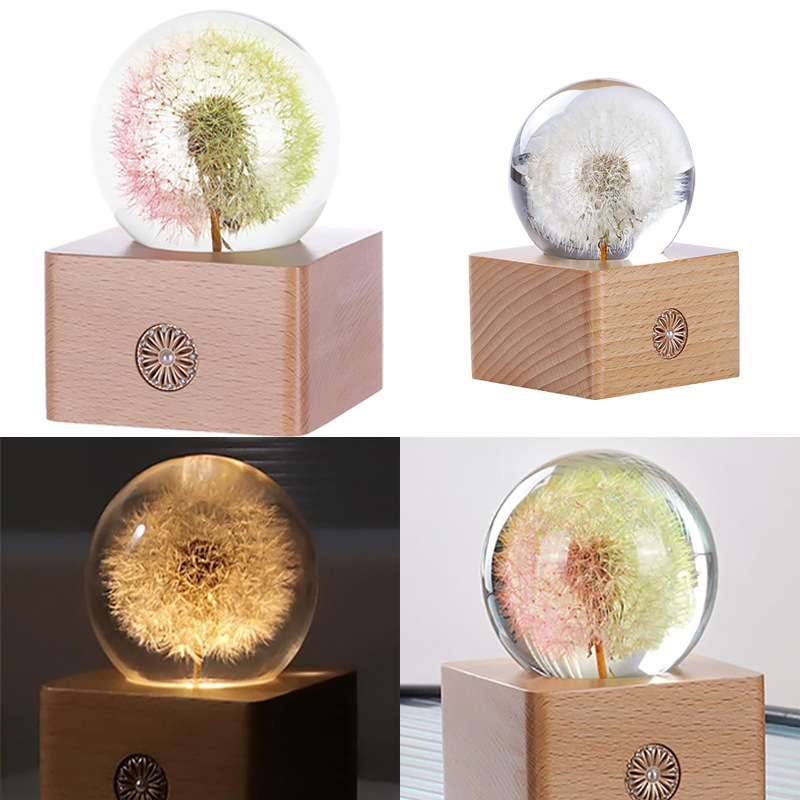 Dandelion Dried Flower Crystal Ball Transparent Resin Crafts Souvenir Practical Gift Night Light Home Decoration