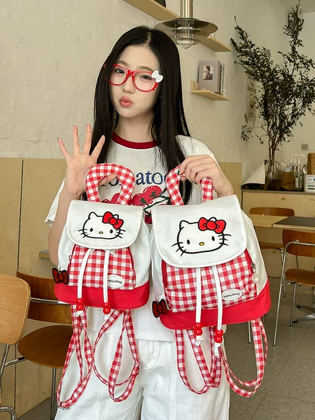Korean Style Plaid Backpack Women's 2025 New Hello Kitty Mini Drawstring Small Backpack Cartoon Storage Bag