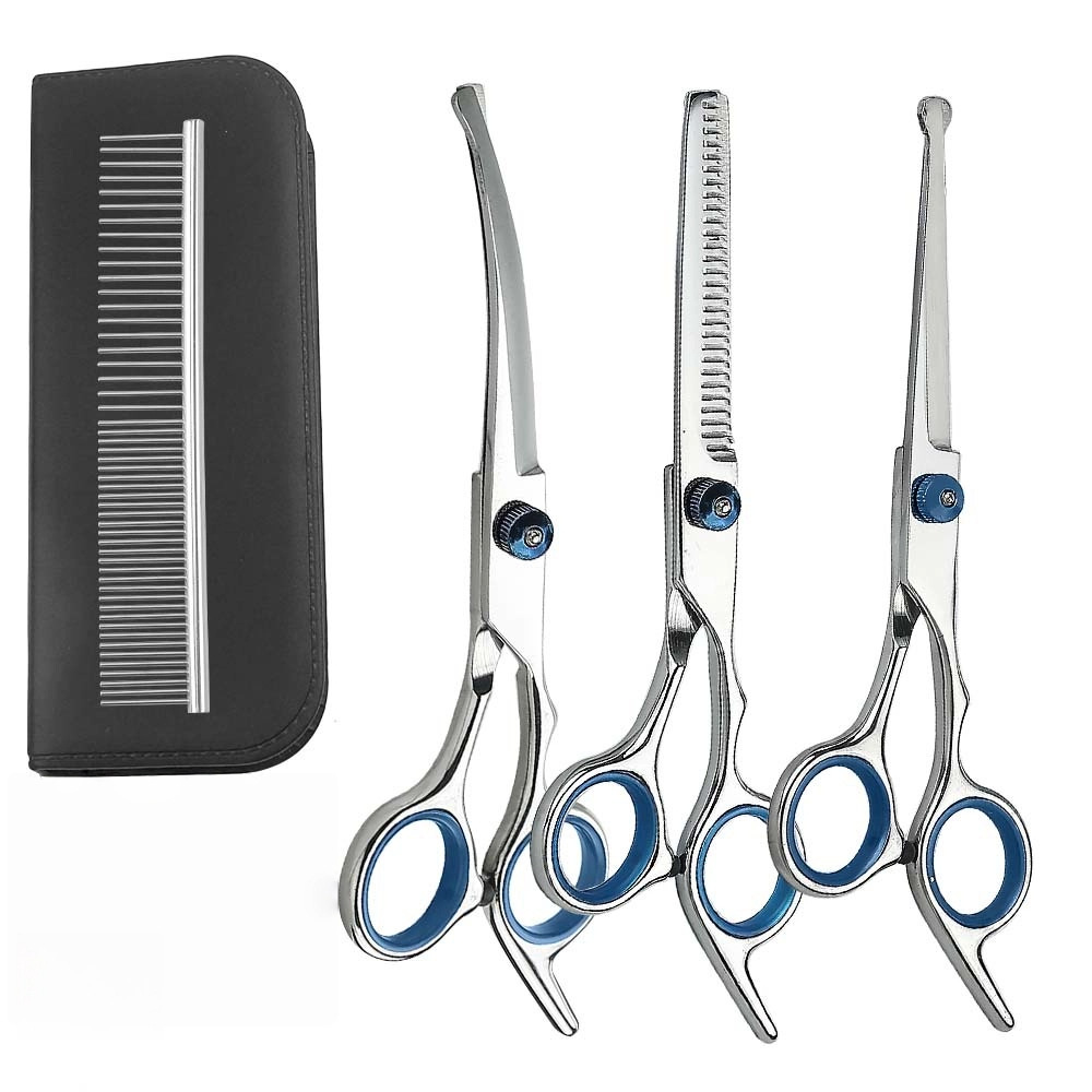 Fish mouth - flat scissors + dental scissors + downward curve + steel comb + leather bag (blue snail and blue circle)