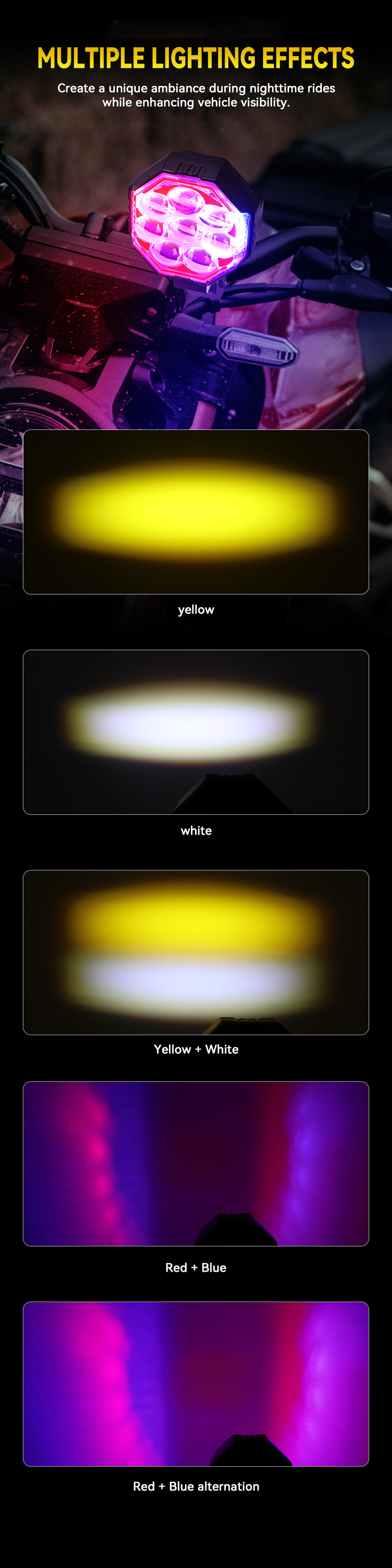 Motorcycle Led Octagonal Spotlight White Yellow Red Blue High and Low Beam Road Lighting Spotlight Electric Vehicle Modified Super Bright Headlight
