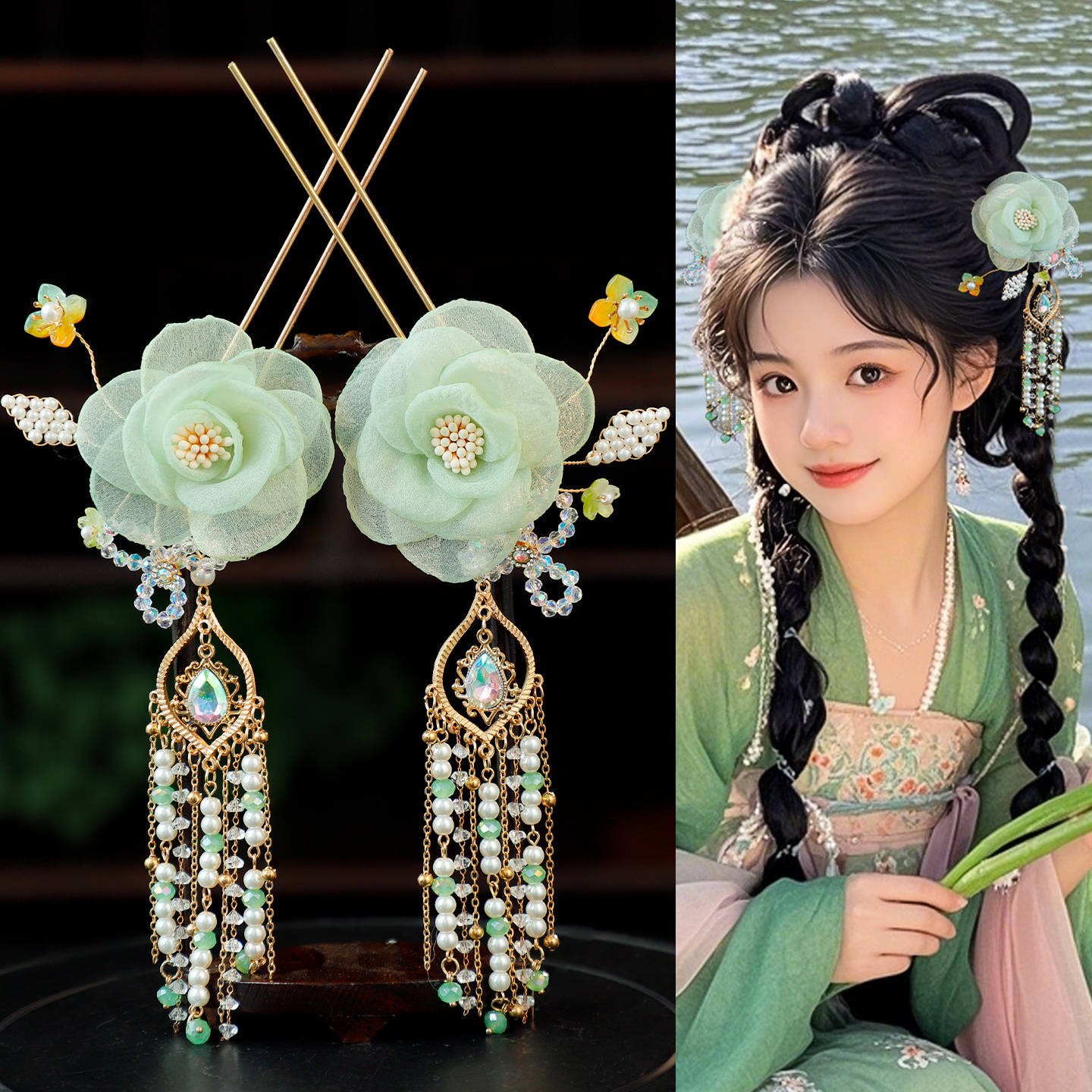 初韵 古风汉服宫廷唐风绿色绢纱花朵长流苏步摇发钗甜美花朵发钗
