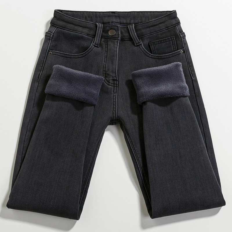 黑灰色加绒牛仔裤女冬季韩版高腰弹力保暖显瘦外穿小脚铅笔长裤子