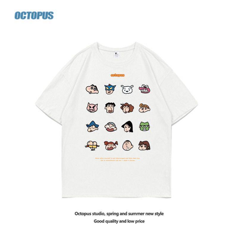 2024 New Japanese-Style Cartoon Casual Heavyweight Pure Cotton Short-Sleeve T-Shirt for Women and Couples, Summer Trendy Ins Loose Top