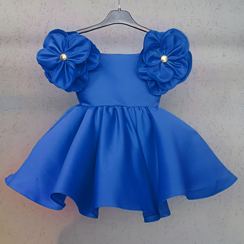 Solid-color Children's Wear Dress with Off-Shoulder Design, Vintage Floral Style—Inspired by Instagram, Perfect for Girls' Party or Ceremony