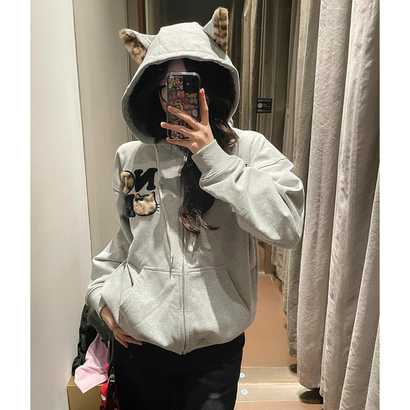 美式复古豹纹毛耳朵刺绣连帽卫衣女秋冬季新款设计感小众开衫外套|undefined