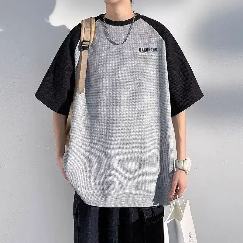 Сколотые вафли футболки с короткими рукавами для мужчин Летний досуг тонкий американский прилив простой свободный рубашки ins топ