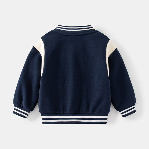 Autumn and winter casual boys' jackets, trendy velvet round-neck baseball uniforms, letter long-sleeved contrast striped warm jackets