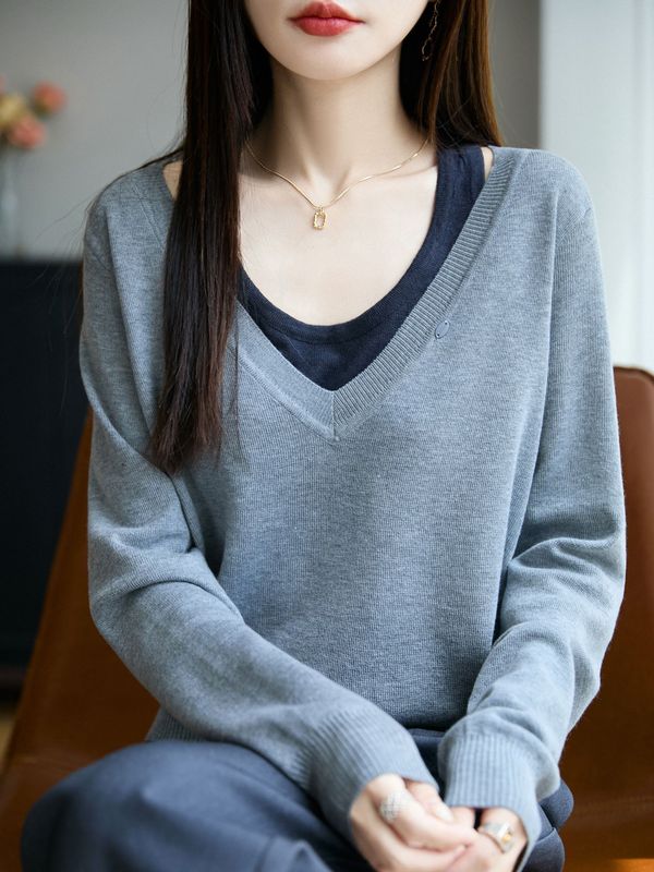 早秋新款V领假两件精纺羊毛衫女百搭长袖针织毛衣打底衫女装上衣|undefined