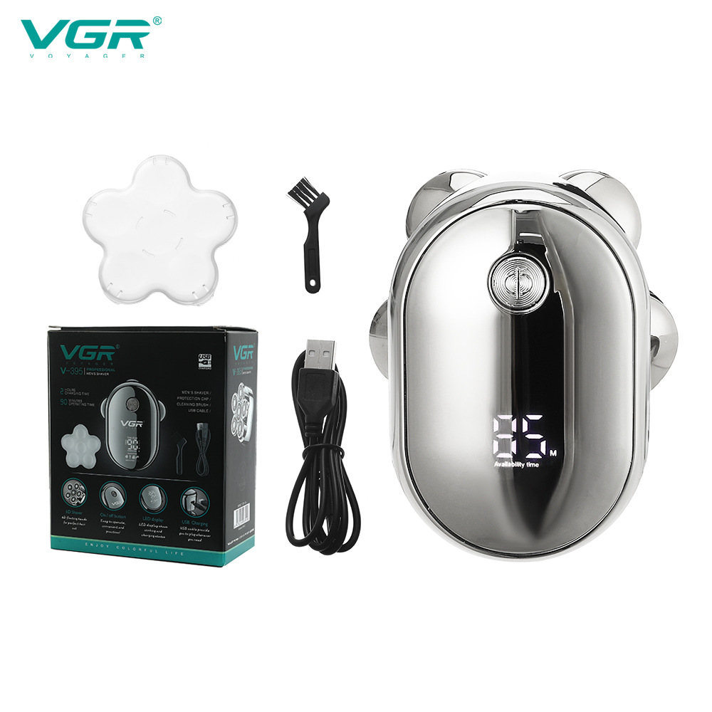 VGR新款跨境電動剃頭修鬍鬚水洗六頭刮鬍刀智能數顯光頭剃鬚刀395