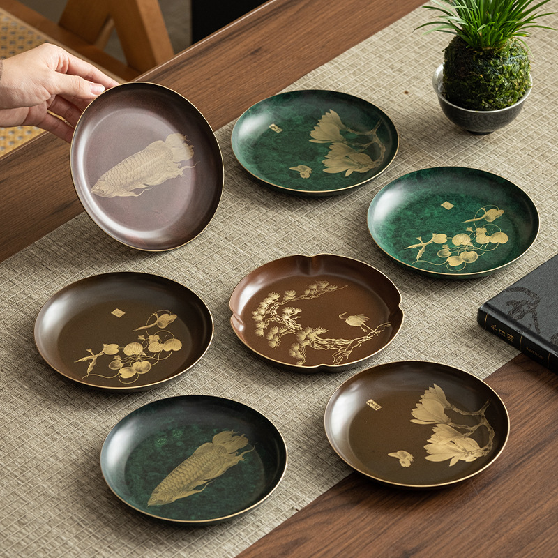 铜彩烧壶承垫干泡台小茶盘手工日式茶承纯黄铜养壶垫紫砂壶底座