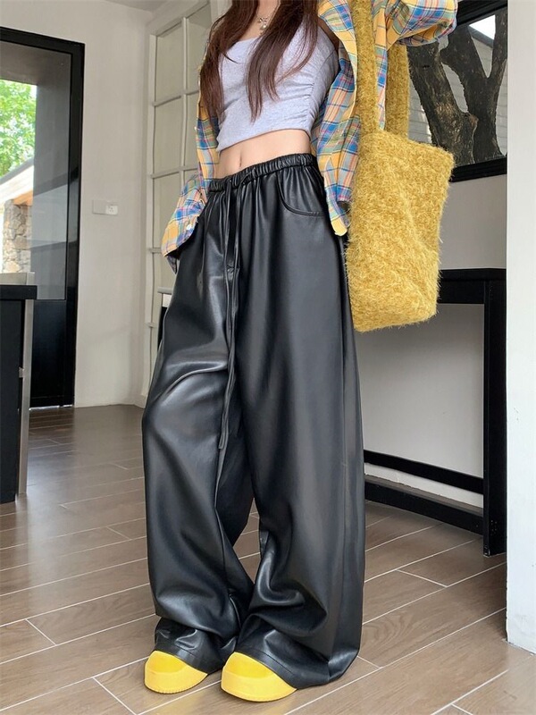 American Black Pu Leather Pants Casual Pants for Women in Autumn and Winter High-Waisted Slim Straight Pants Loose Wide-Leg Floor-Length Pants American Black Pu Leather Pants Casual Pants for Women in Autumn and Winter High-Waisted Slim Straight Pants Loose Wide-Leg Floor-Length Pants