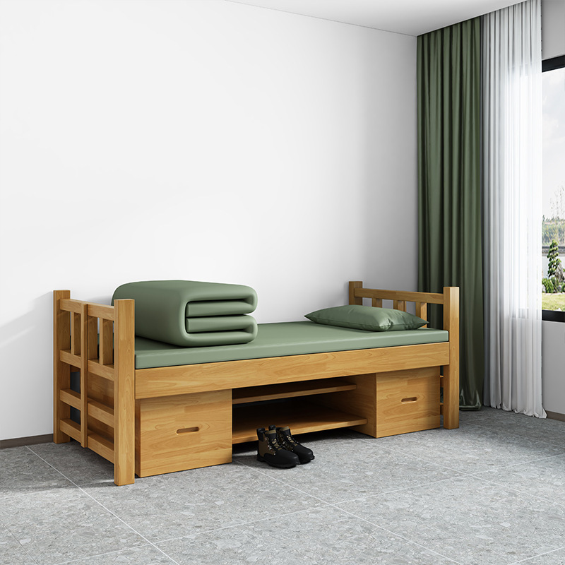 Cama de madera sólida de una persona, cama de almacenamiento, capacitación, base de ingeniería de muebles de cuartel, cama con gabinete
