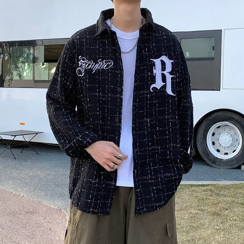 Tweed Style Jacket Men's Spring and Autum Trendy Brand Loose Embroidered Plaid Shirt Hong Kong Style Handsome Men's Large Size Jacket