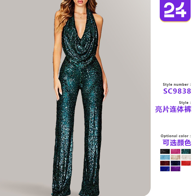 in stock European and American New Amazon 2025 Summer Cross-border Jumpsuit Women's Sleeveless Neck Sequin Jumpsuit Women
