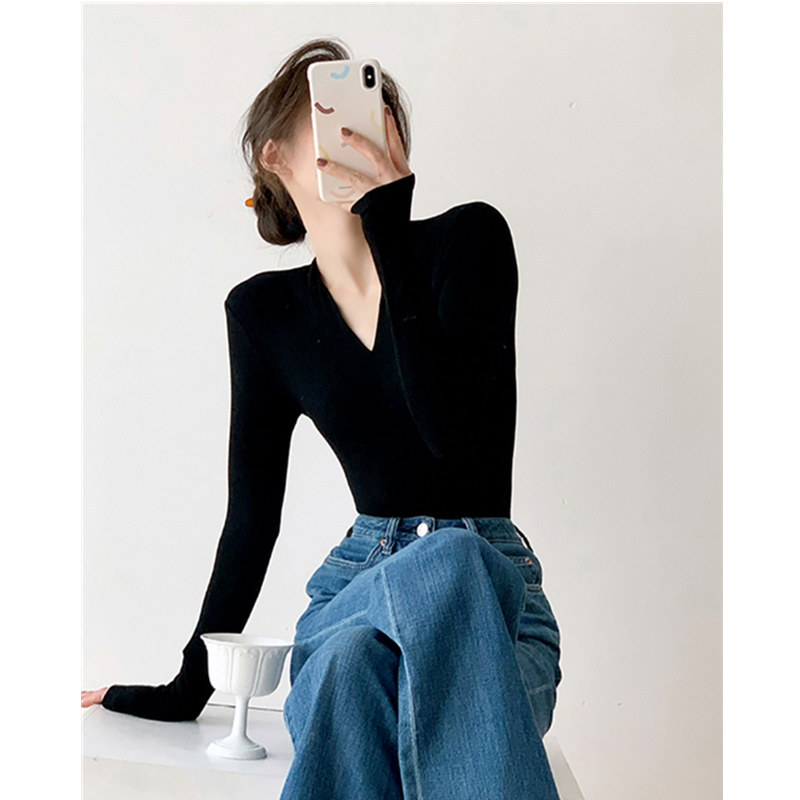 Black V-neck Sweater Knitted Sweater Women's Autumn and Winter New Top High-end Chic Slim-fit Slimming Inner Base Shirt