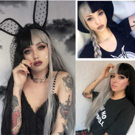 动漫cosplay假发女长直发阴阳色万圣节发套 拼色lolita两色假毛
