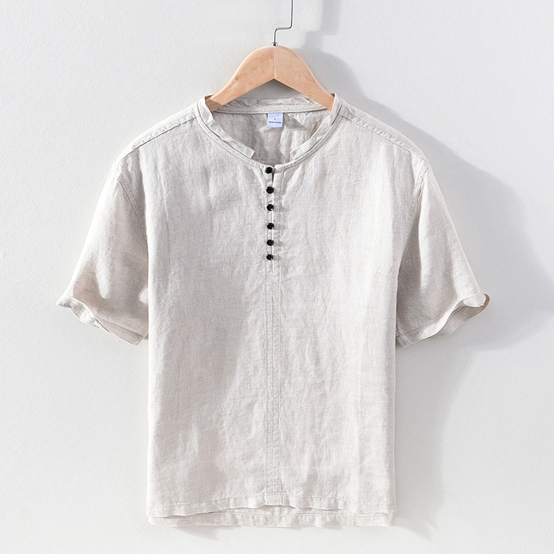 Camisa de manga corta de lino con cuello alto de verano para hombre, camisa de media manga de material de lino transpirable, holgada y fina, artística para jóvenes, para hombre_voghion.com