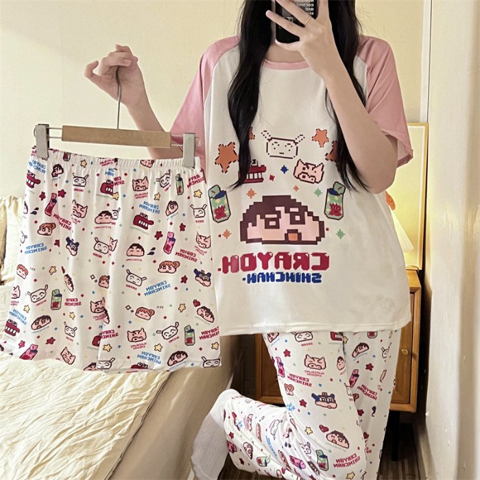 2024 verano vestido de pijama de mujer casual cómodo lindos pantalones cortos de manga corta largo conjunto de tres piezas impresión de dibujos animados ropa para el hogar