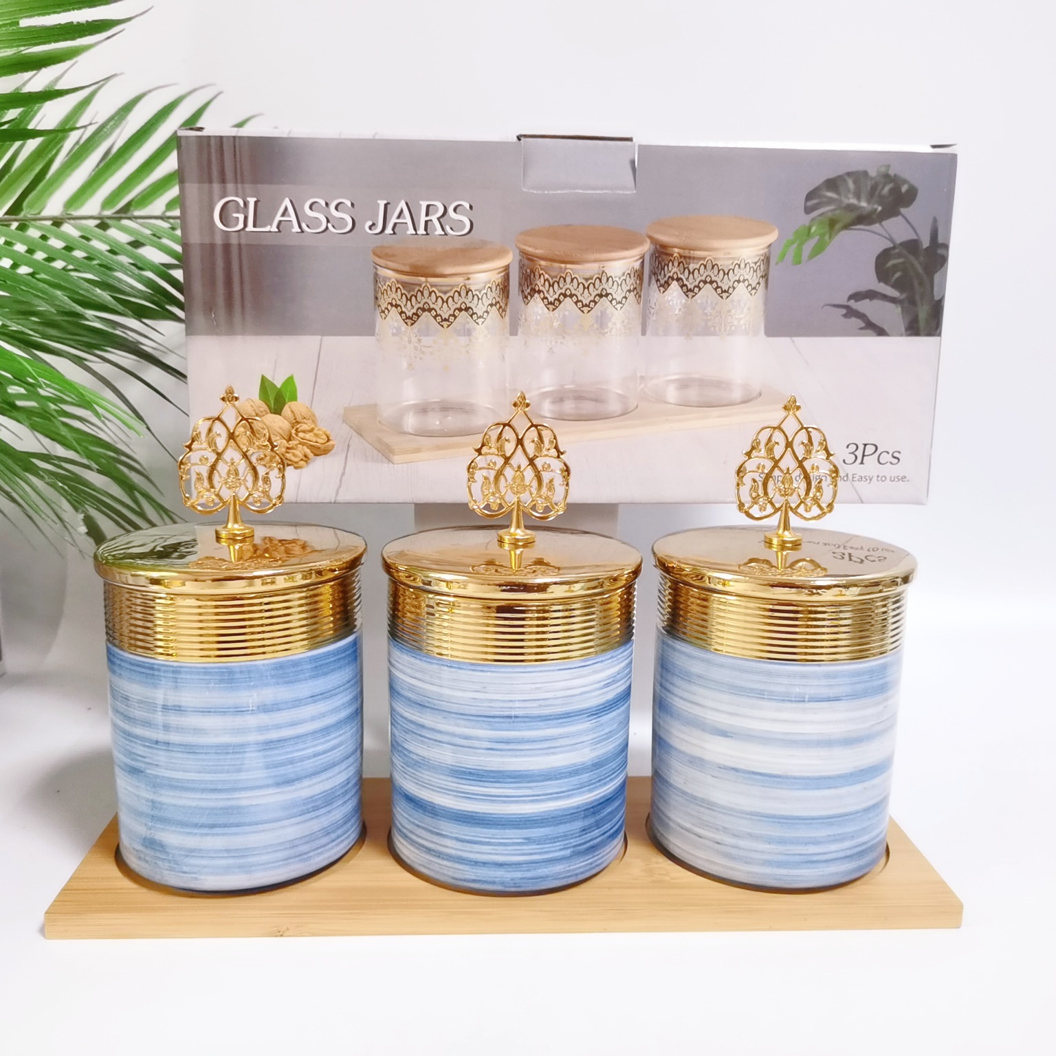 Nueva galvanoplastia cerámica sellada jarra de almacenamiento de cocina jarra de almacenamiento multi-grano con madera condimento tarro café tarro traje