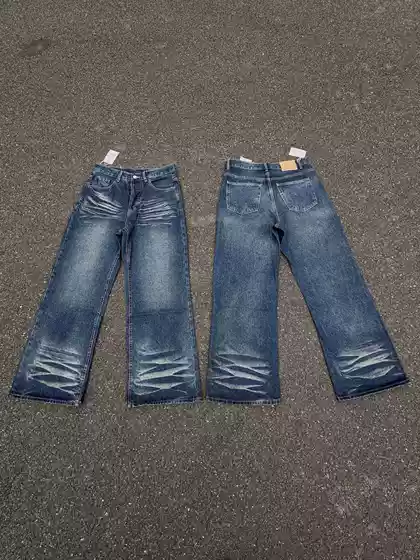 Ac New American Retro Dark Blue Bootcut Jeans for Men and Women Cat Whiskers Washed Cleanfit Long Pants for Men and Women