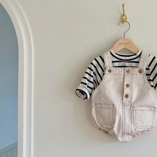 Korean style spring and autumn baby denim overalls with farts, men's and women's baby splicing pocket casual jumpsuits