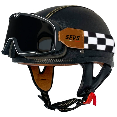 Motosiklet kaskı (dəbilqə) – and women's half helmet electric - black-and-yellow-line-leather-helmet-rice-frame-goggles-m