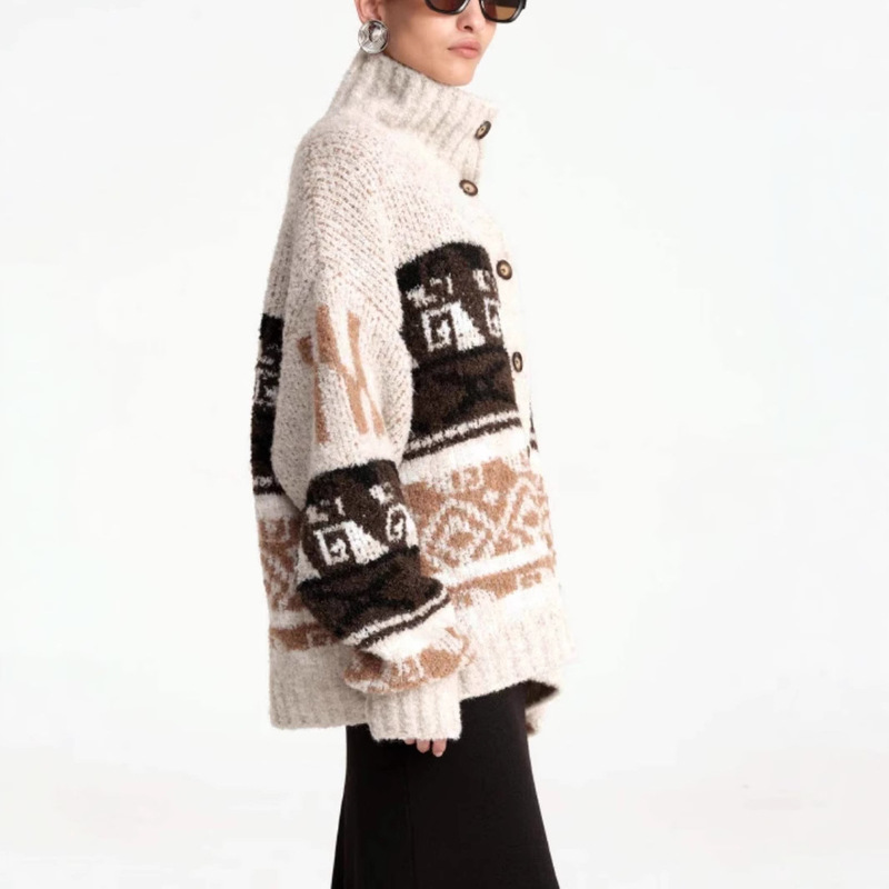 Autumn and Winter High-grade Pattern Contrast Loop Textured Retro Knitted Cardigan Unique Soft Fluffy Wool Lapel Wide