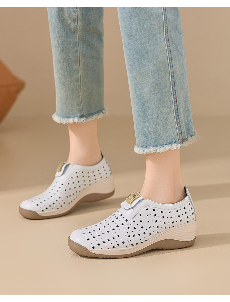 Giày da nữ đục lỗ đế xuồng thấp phong cách thể thao — màu trắng ngà chi tiết 1