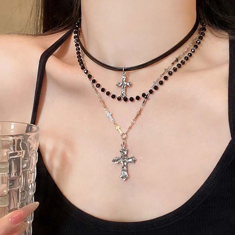 Vintage Multi-Layered Cross Beaded Necklace for Women, Dark Punk Style Layered Clavicle Chain, Y2K Accessories for Millennial Girls Vintage Multi-Layered Cross Beaded Necklace for Women, Dark Punk Style Layered Clavicle Chain, Y2K Accessories for Millennial Girls