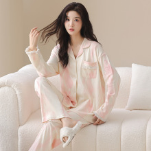 纯棉睡衣女翻领开衫款唯美甜美少女配色透气舒适可外穿高级感套装