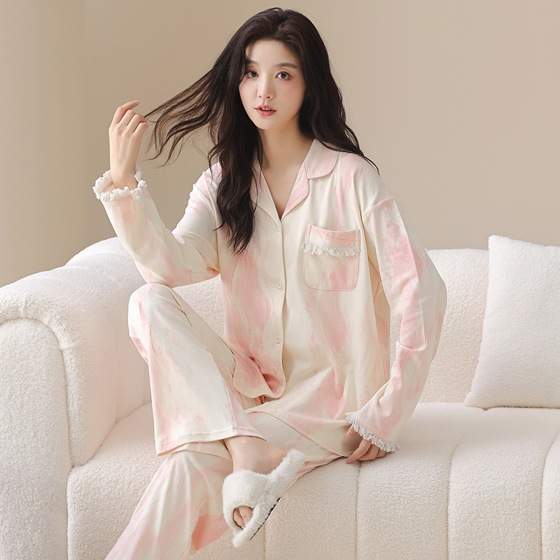 纯棉睡衣女翻领开衫款唯美甜美少女配色透气舒适可外穿高级感套装