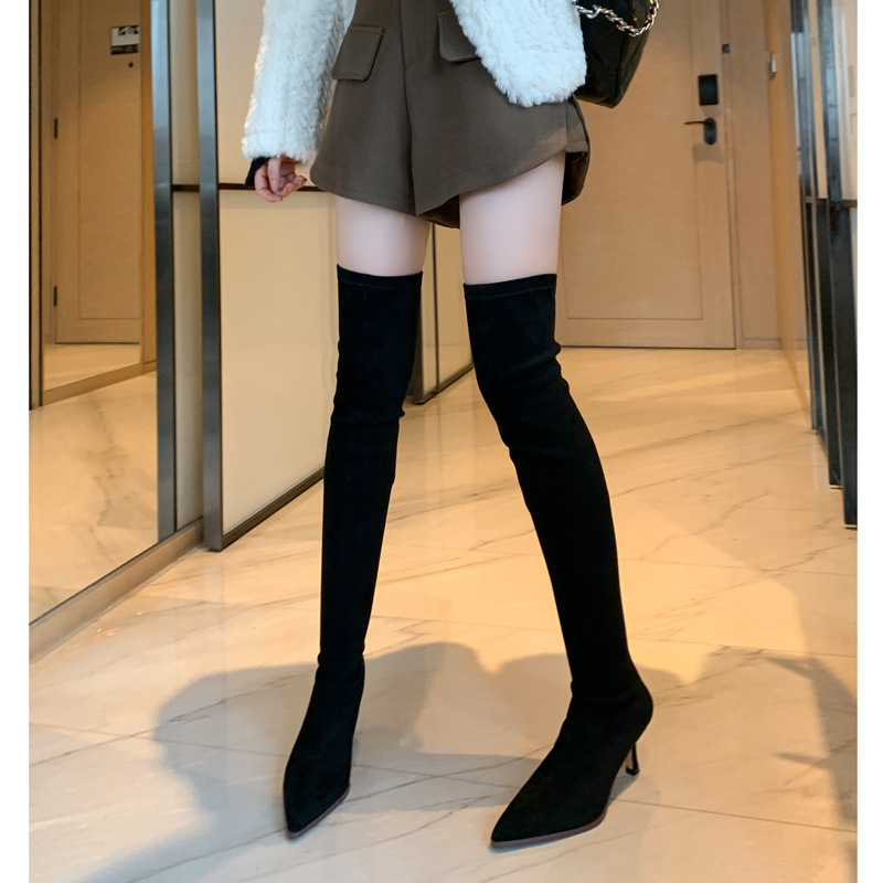 Cartoon legs elegant sexy over-the-knee boots 2022 autumn and winter pointed stiletto heel suede stretch boots for women 42 plus size