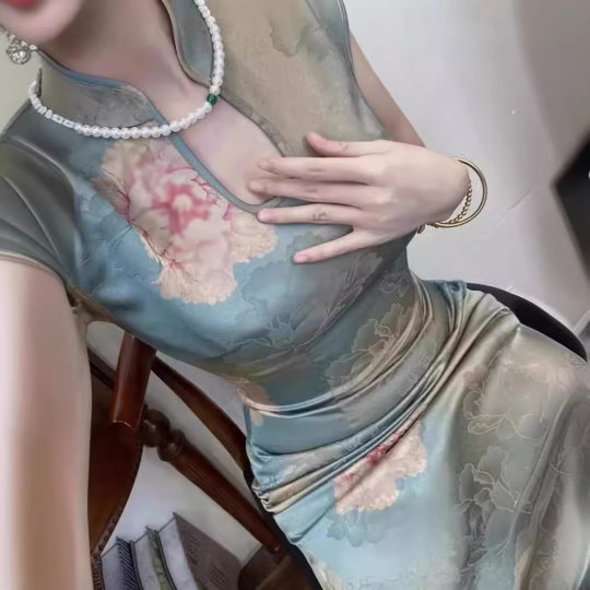 8601 Homemade New Chinese Style National Style High-grade Jacquard Satin Water Drop Collar dress Qing Fei Xiao