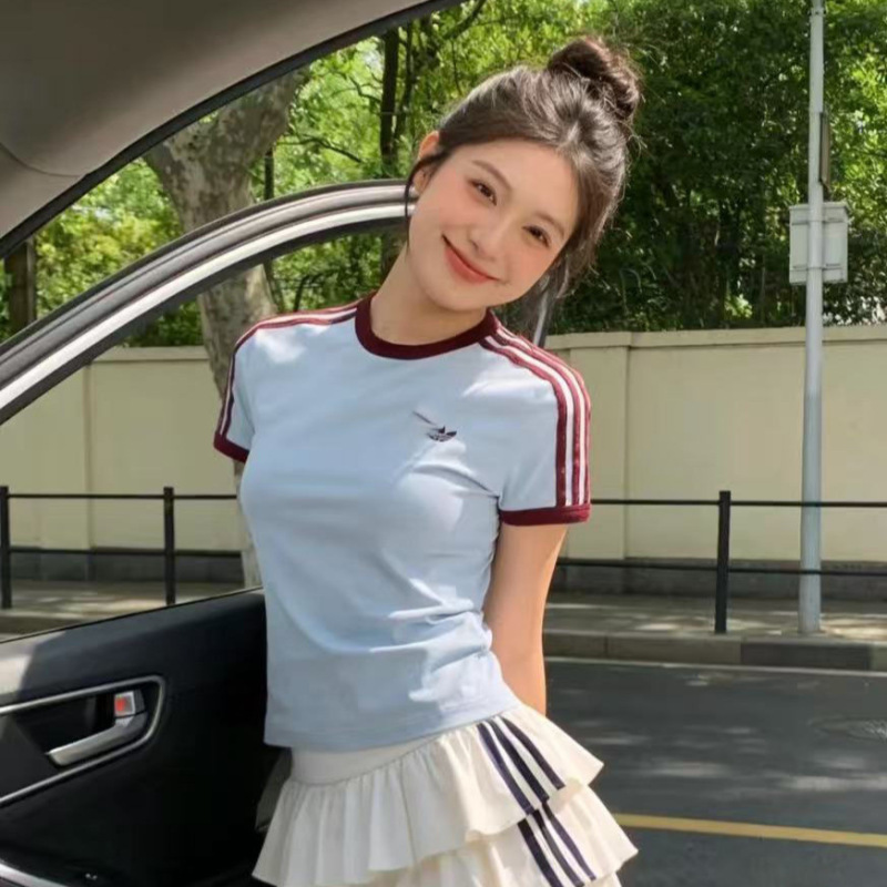 Clover Cotton Short-Sleeve T-Shirt for Women, Summer New Fashion Trendy Three-Stripe Slim-Fit Top Clover Cotton Short-Sleeve T-Shirt for Women, Summer New Fashion Trendy Three-Stripe Slim-Fit Top