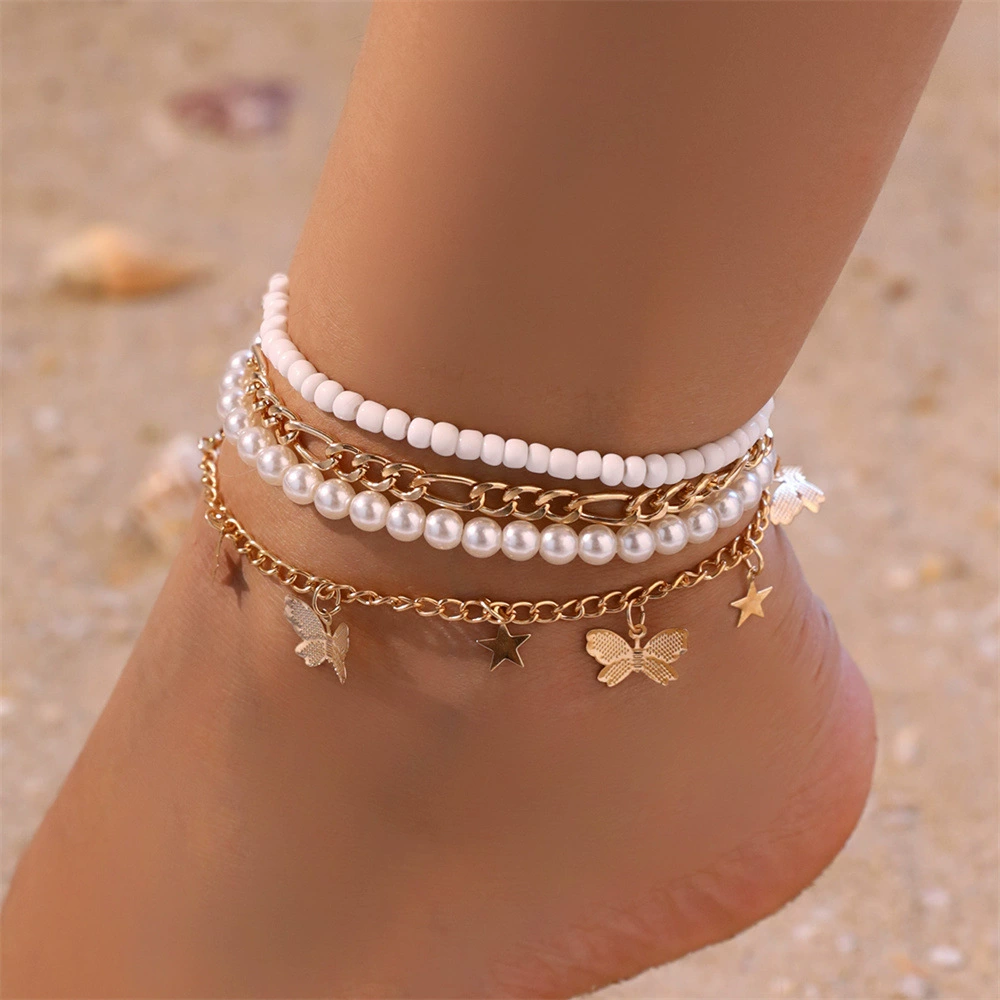 Трансграничная Европа и США New Star бабочка кулон ножной браслет креативный Ретро Простой жемчужный браслет комплект из 4 предметов оптом