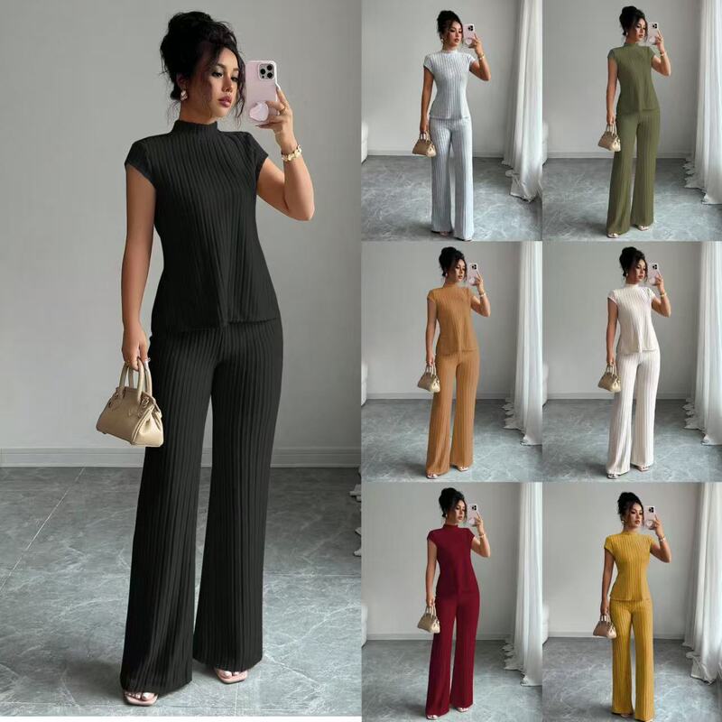 In-Stock 2026 European and American New Style Cross-Border Amazon Women's Casual Solid Color Short-Sleeve Top and Ribbed Casual Pants Set In-Stock 2026 European and American New Style Cross-Border Amazon Women's Casual Solid Color Short-Sleeve Top and Ribbed Casual Pants Set