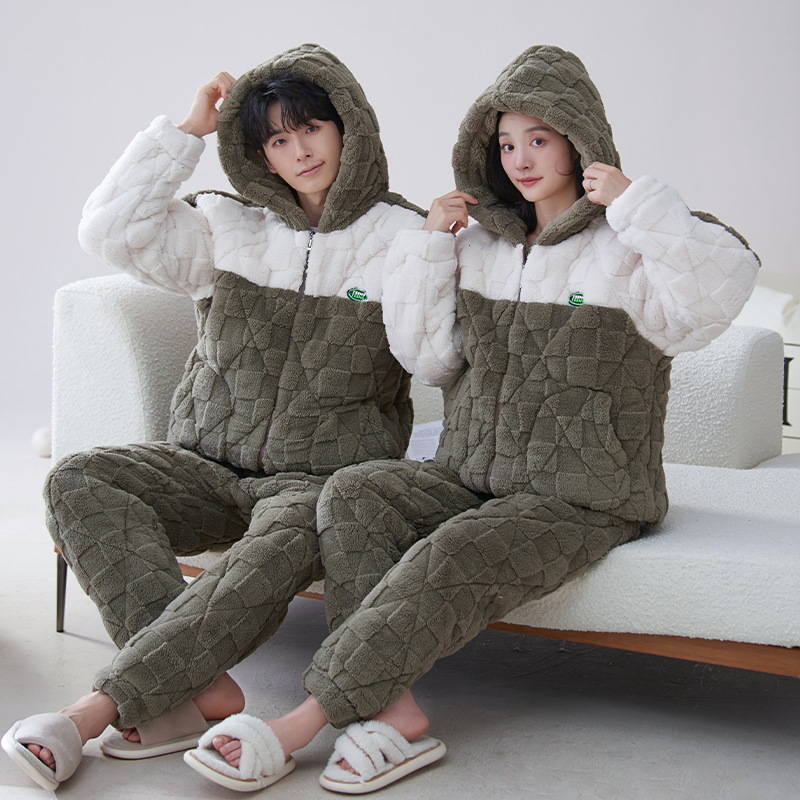 Nueva pareja de algodón acolchado pijamas hombres y mujeres de tres capas engrosadas de algodón acolchado cremallera collar soporte cremallera cálido hogar desgaste
