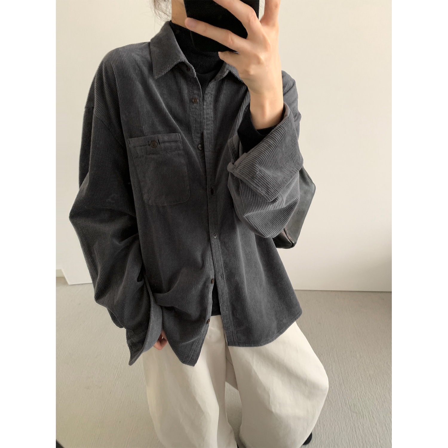 TG 复古休闲灯芯绒衬衫女2025秋季新款宽松贴袋翻领百搭上衣25898