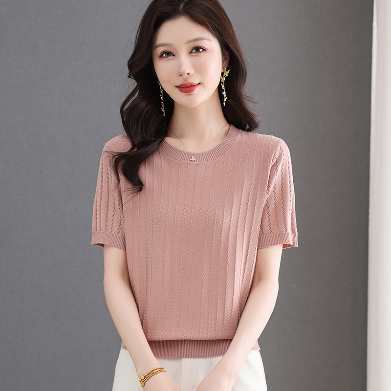アイスシルクセーター半袖Tシャツ中年母親向け、おしゃれな夏服2025新作夏薄いお腹カバートップ|undefined