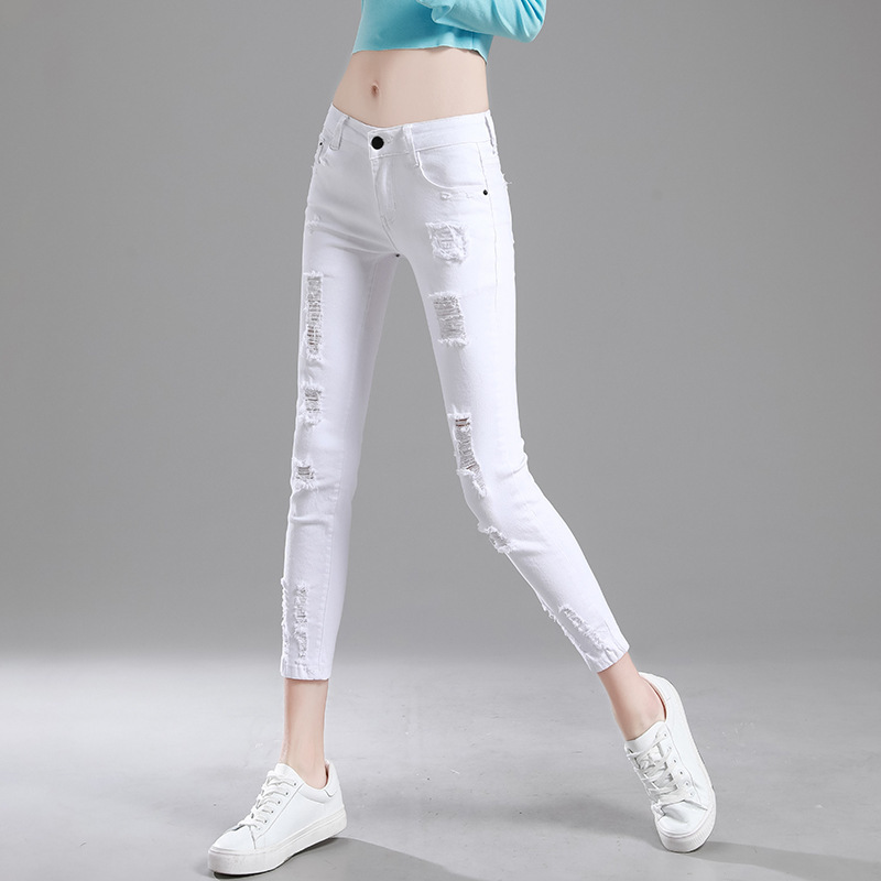 Low-Waisted White Women's Ripped Pencil Pants, Sexy Stretchy Tight-Fitting Cropped Pants, Midriff-Baring Trendy Versatile Jeans Low-Waisted White Women's Ripped Pencil Pants, Sexy Stretchy Tight-Fitting Cropped Pants, Midriff-Baring Trendy Versatile Jeans