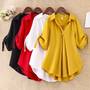 Mid-length short-sleeved chiffon shirt for women 2025 summer new arrival plus size loose waist slimming chiffon top for women