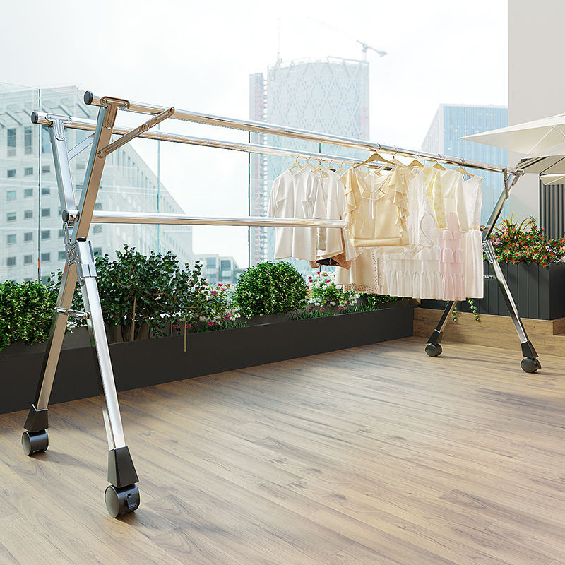 Stainless Steel Drying Rack Floor Folding Balcony Drying Rack Indoor and Outdoor Double Rod Thickened Clothes Rack