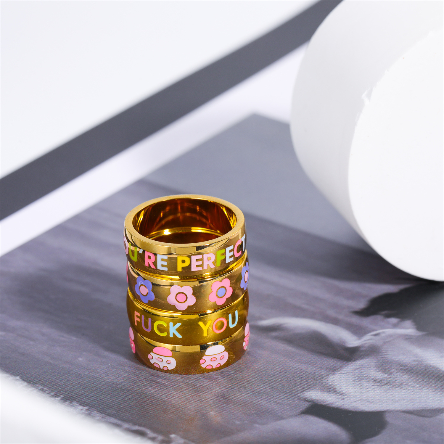 Daily Occasion 304 Stainless Steel, Titanium Steel Material Cute Letter Flower Titanium Steel Enamel Rings