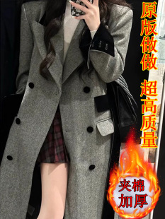 Hot Style] New Quilted Thickeneded Korean Gray Long Suit-Style Woolen Outwear Jacket for Women with High-End Winter Feel