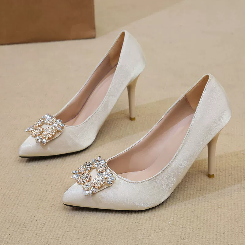 Туфли на высоком каблуке, туфли-стилето с заострённым носком, новинка 2025 года, сексуальные, с металлической пряжкой, неглубокий вырез, шампань, профессиональные, универсальные, модные.