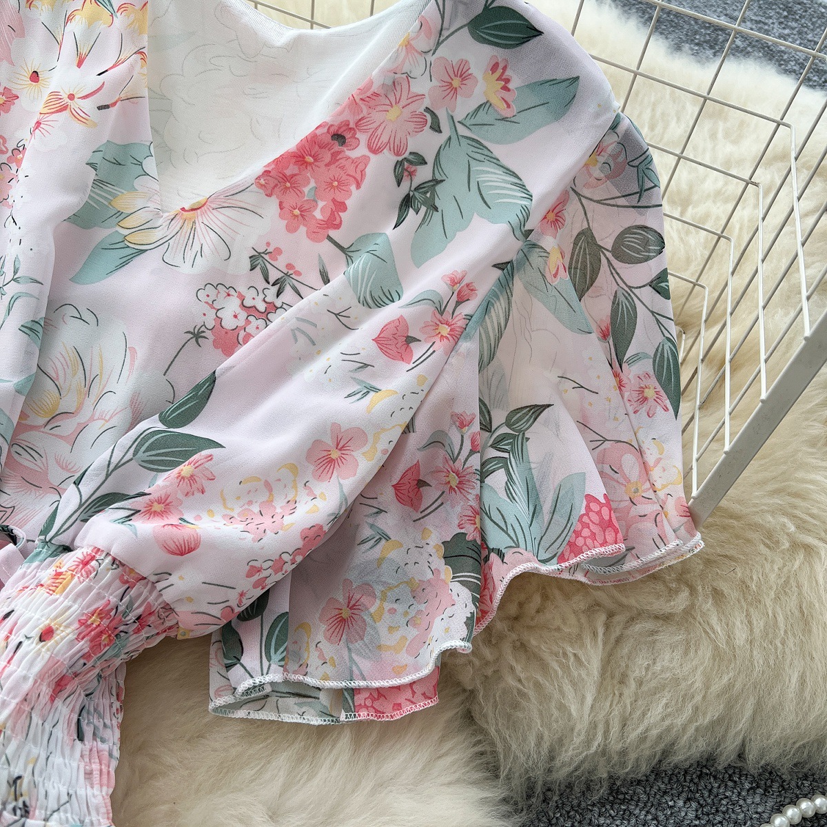 Women's Clothing Summer Slimming Ruffled Floral Dress V Neck Short Flutter Sleeve Lace Up Waist Cinching_ecoleips.com