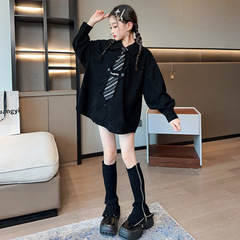 Girls' Spring Outfit Trendy Stylish Long-Sleeve Shirt 2024 Spring Medium and Large Children's New College Style Tie Casual Blouse