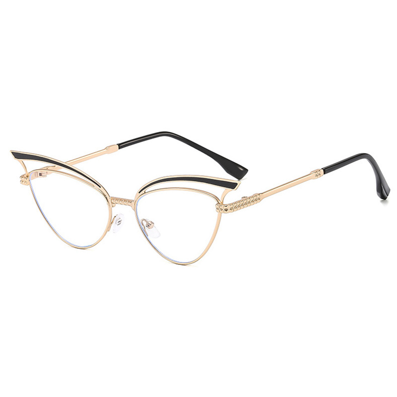 2024 nuevas gafas de sol de ojo de gato huecas de metal personalizadas, el mismo estilo, gafas de sol para exteriores esenciales de forma cóncava